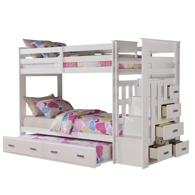 Bowery Hill Contemporary Wood Twin over Twin Bunk Bed with Trundle in White