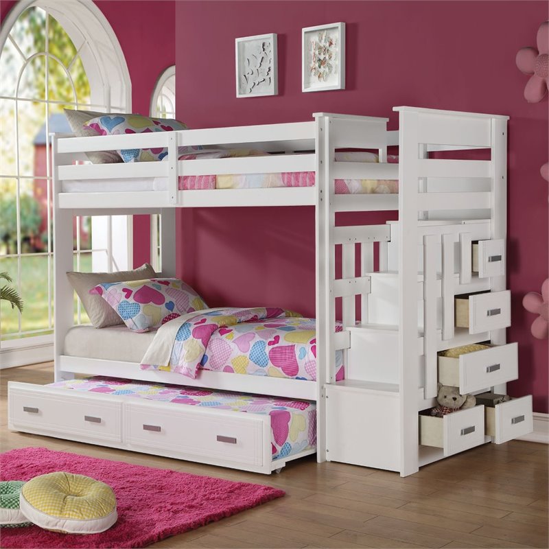 Bowery Hill Contemporary Wood Twin over Twin Bunk Bed with Trundle in White