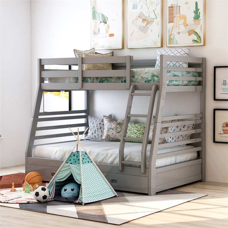 Bowery Hill Transitional Wood Twin Over Full Bunk Bed with Storage in Gray