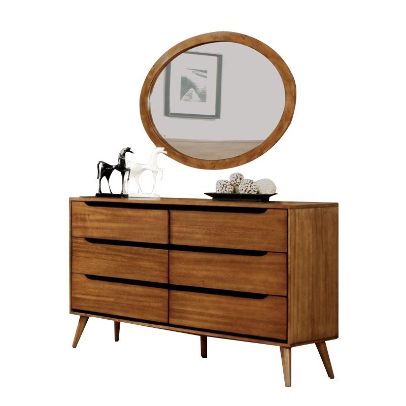 Bowery Hill 6 Drawer Dresser Oval Mirror Set In Oak Bh 1565681