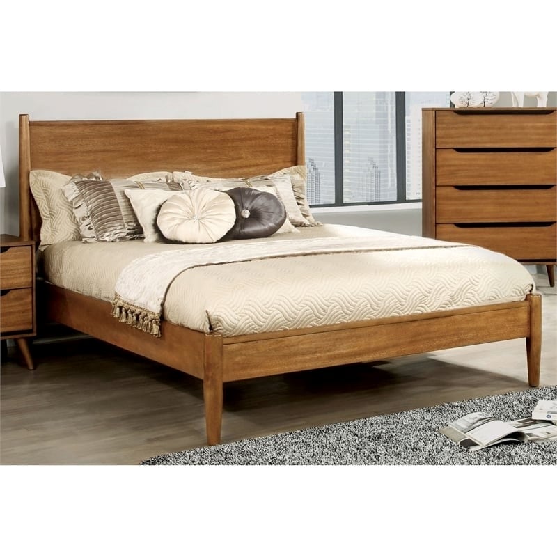 Bowery Hill Mid-Century Solid Wood/Wood Veneer/MDF Queen Panel Bed in Oak