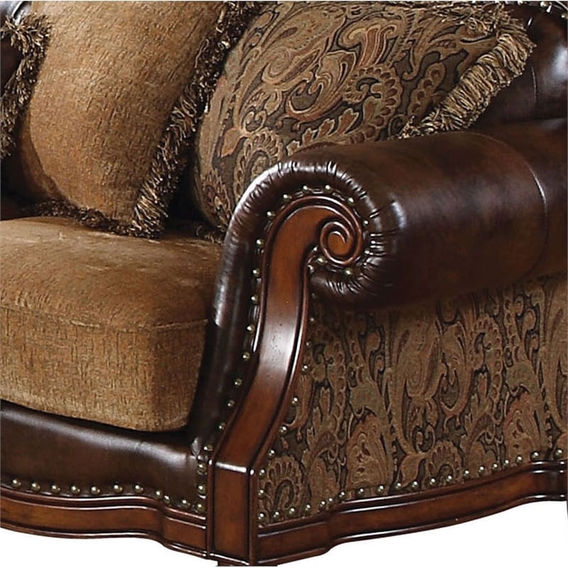 Bowery Hill Rolled Arm Upholstered Faux Leather Sofa with 5 Pillows in Brown