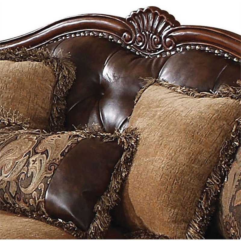 Bowery Hill Rolled Arm Upholstered Faux Leather Sofa with 5 Pillows in Brown