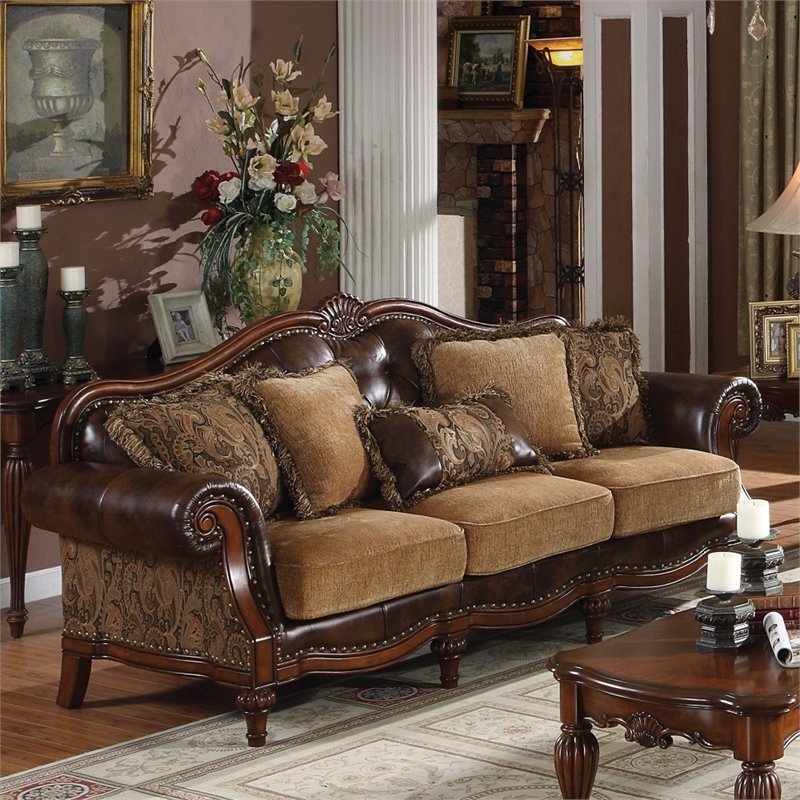 Bowery Hill Rolled Arm Upholstered Faux Leather Sofa with 5 Pillows in Brown