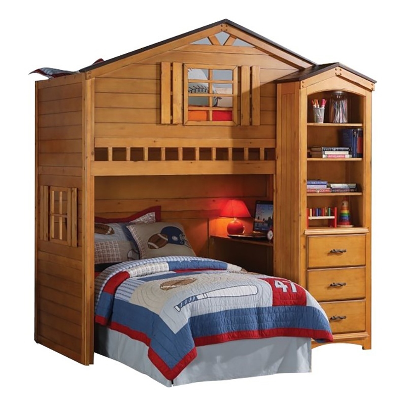 Bowery Hill Contemporary Pine Wood Tree House Loft Bed in Rustic Oak
