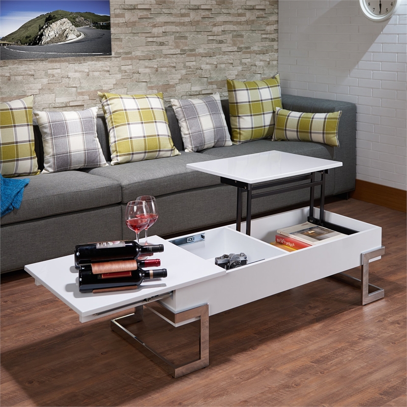 Bowery Hill Lift Top Coffee Table in White and Chrome