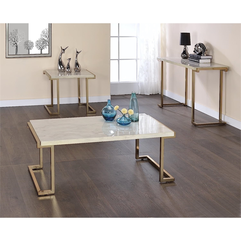 Bowery Hill Console Table in Faux Marble and Champagne