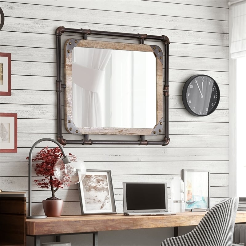 Bowery Hill Transitional Metal Wall/Wood Mirror in Antique Black/Natural