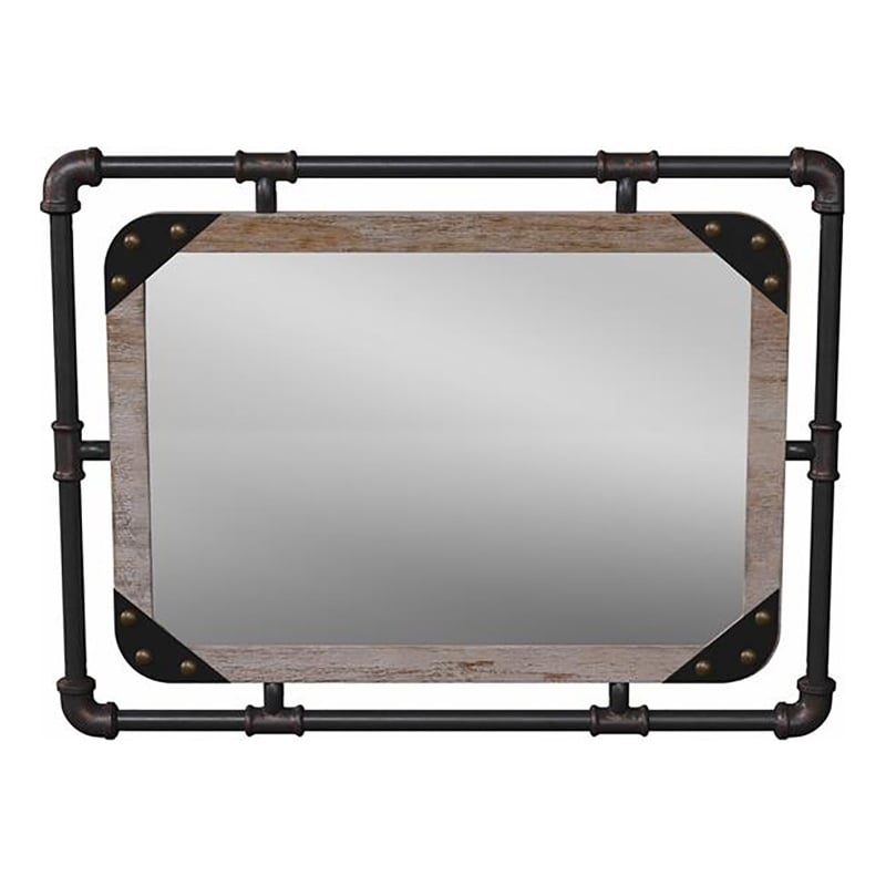 Bowery Hill Transitional Metal Wall/Wood Mirror in Antique Black/Natural