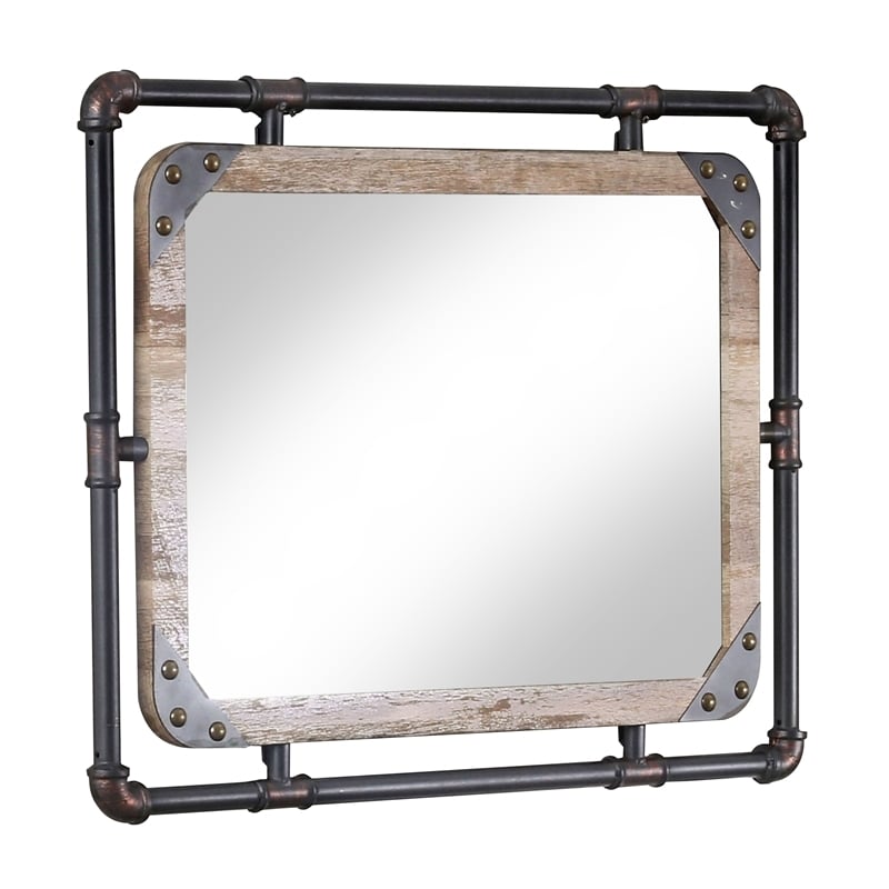Bowery Hill Transitional Metal Wall/Wood Mirror in Antique Black/Natural