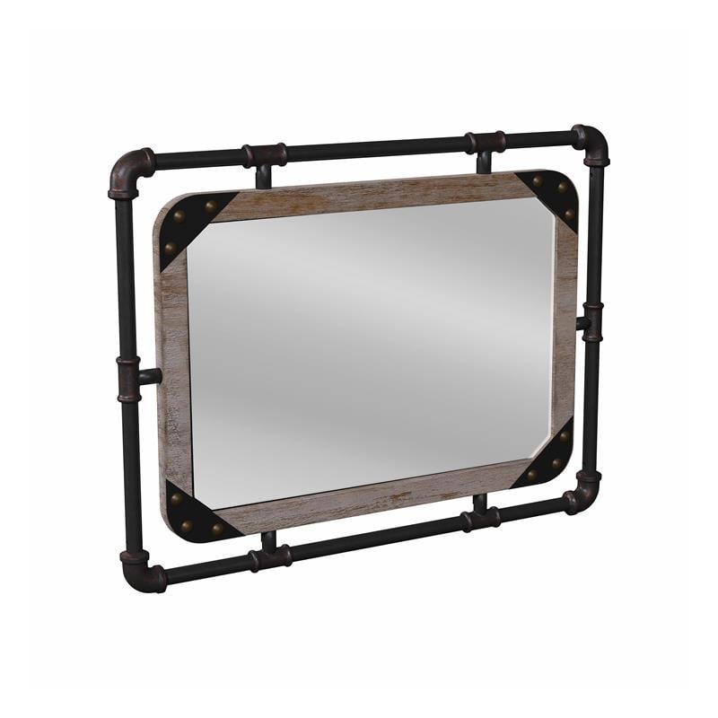 Bowery Hill Transitional Metal Wall/Wood Mirror in Antique Black/Natural