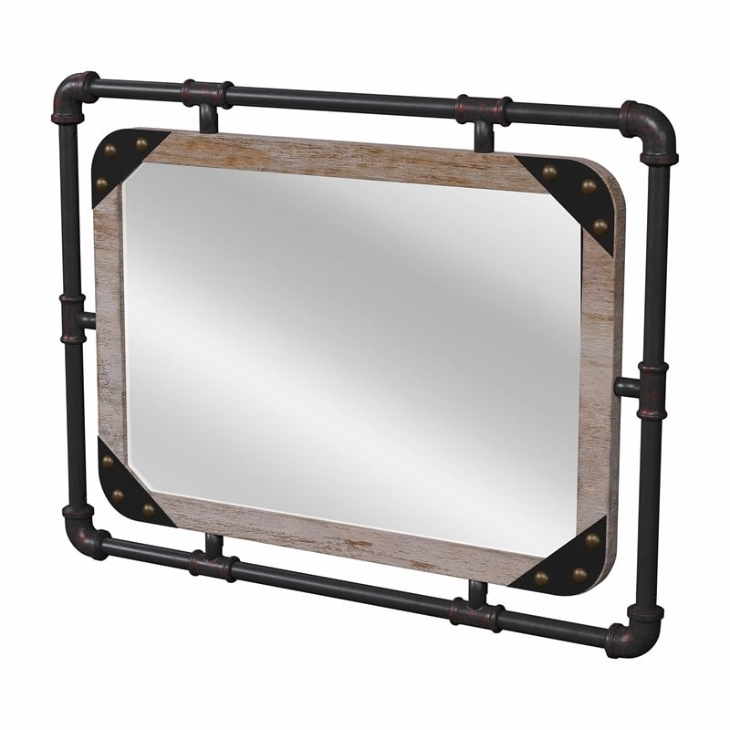 Bowery Hill Transitional Metal Wall/Wood Mirror in Antique Black/Natural
