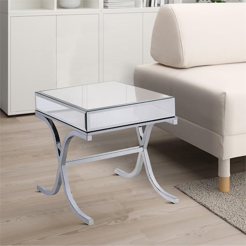 Bowery Hill Square Contemporary Metal/Mirror End Table in Chrome