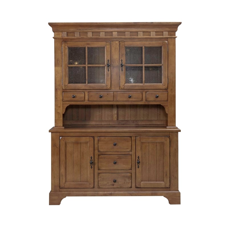 Bowery Hill Hardwood Rustic Oak China Cabinet Rectangular Lighted Hutch 85