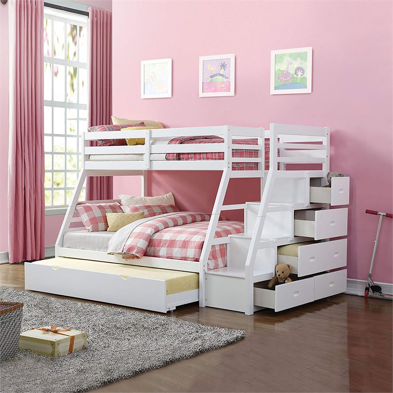 Bowery Hill Contemporary Wood Twin over Full Bunk Bed w/ Ladder in White