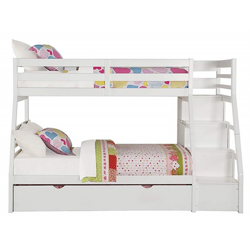 Bowery Hill Contemporary Wood Twin over Full Bunk Bed w/ Ladder in White