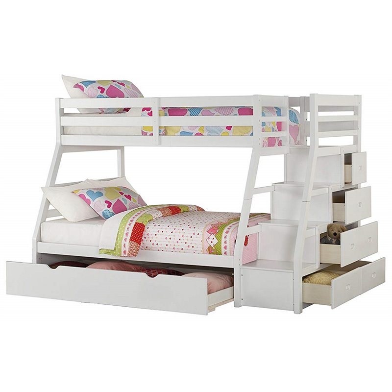 Bowery Hill Contemporary Wood Twin over Full Bunk Bed w/ Ladder in White
