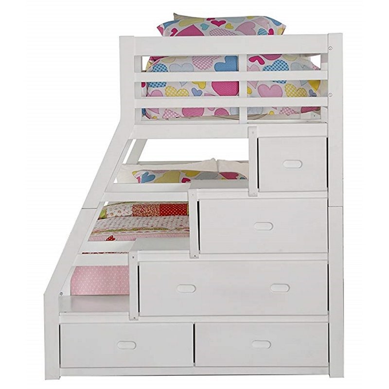 Bowery Hill Contemporary Wood Twin over Full Bunk Bed w/ Ladder in White