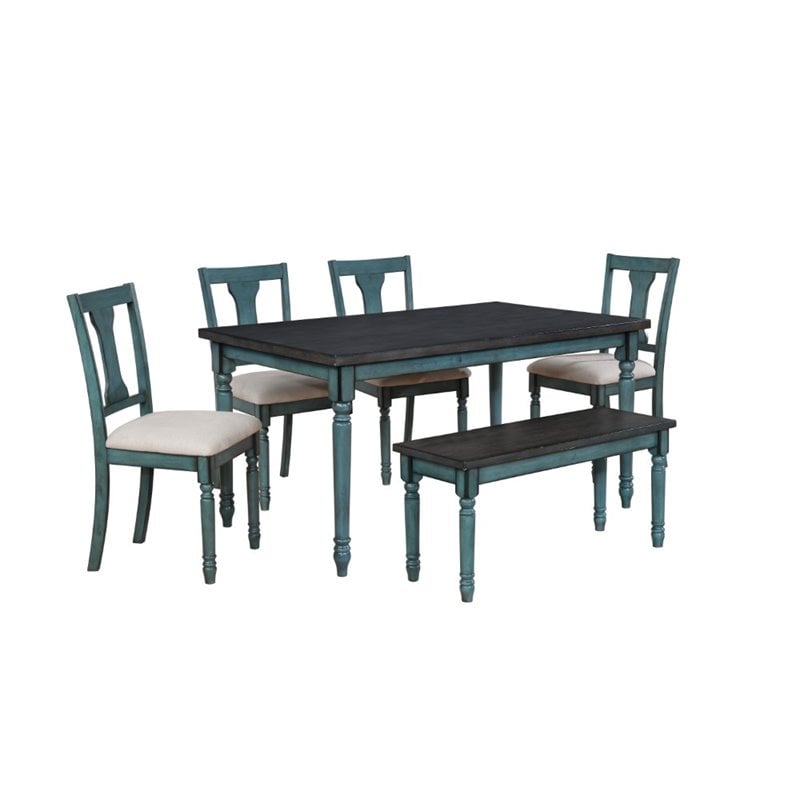 Bowery Hill MDF with Oak Veneer Teal Blue Dining Set Rectangular Padded Seat 59