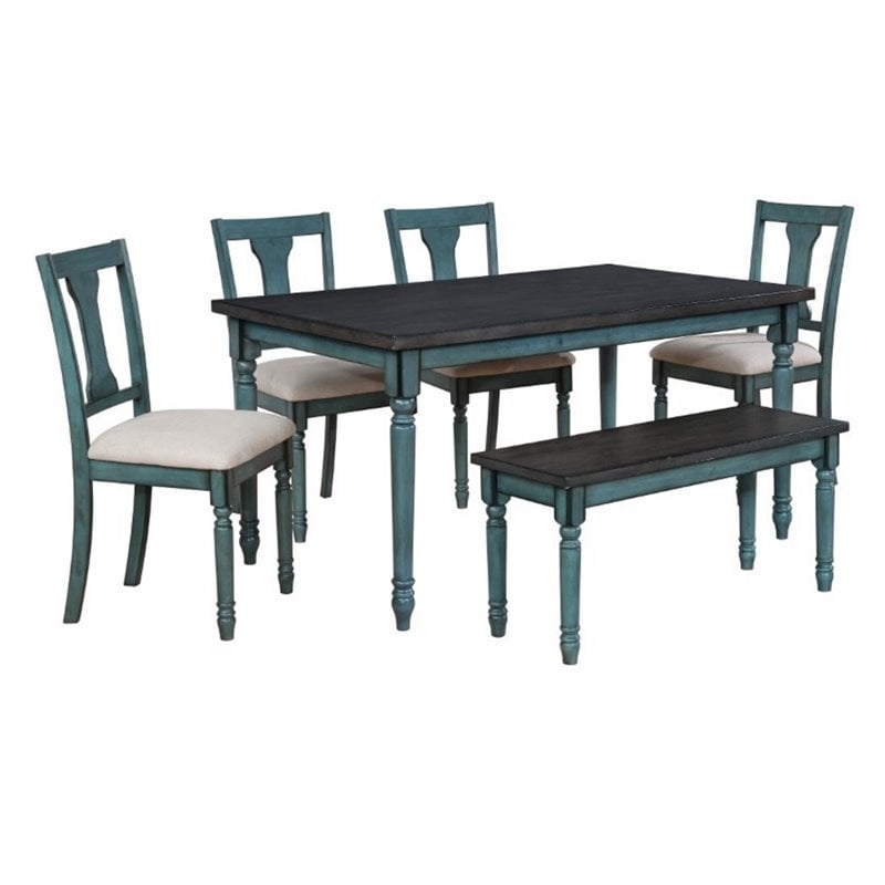 Bowery Hill MDF with Oak Veneer Teal Blue Dining Set Rectangular Padded Seat 59