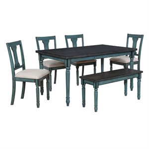 Bowery Hill MDF with Oak Veneer Teal Blue Dining Set Rectangular Padded Seat 59&quot Unassembled