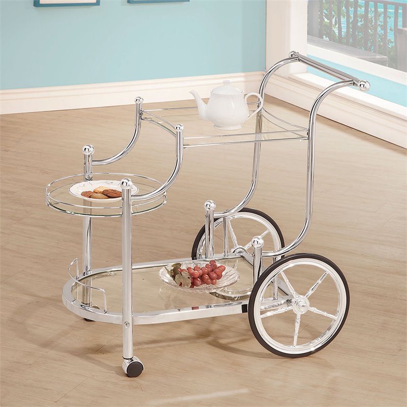 Bowery Hill Glass Top Serving Cart with Finials in Chrome