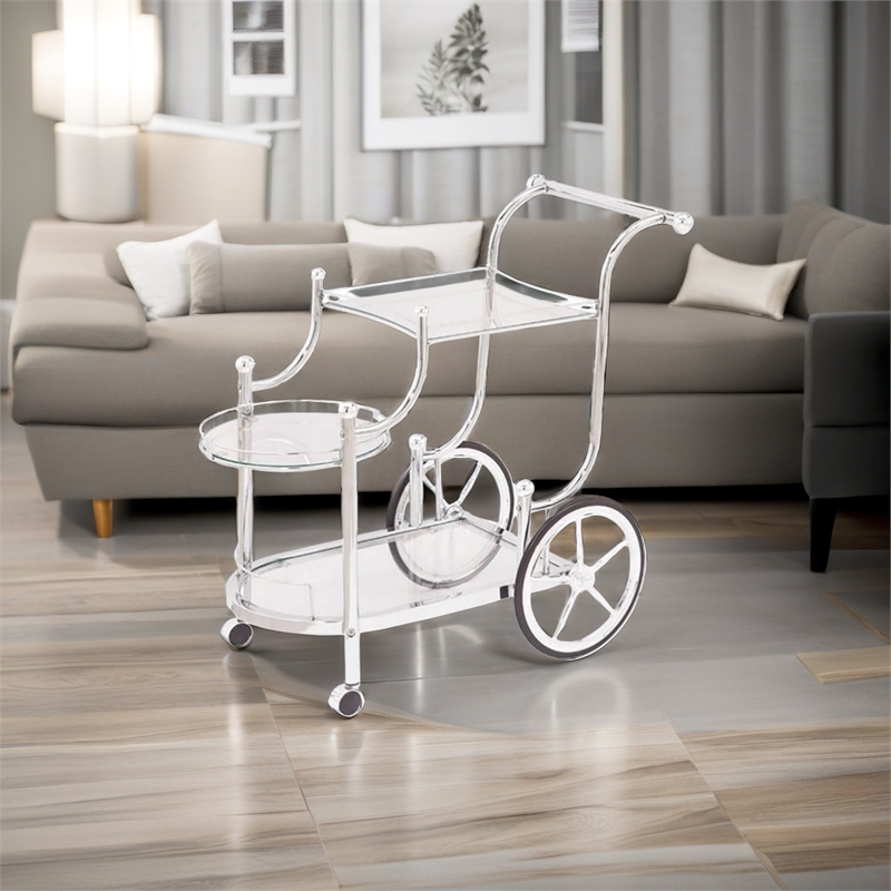 Bowery Hill Glass Top Serving Cart with Finials in Chrome