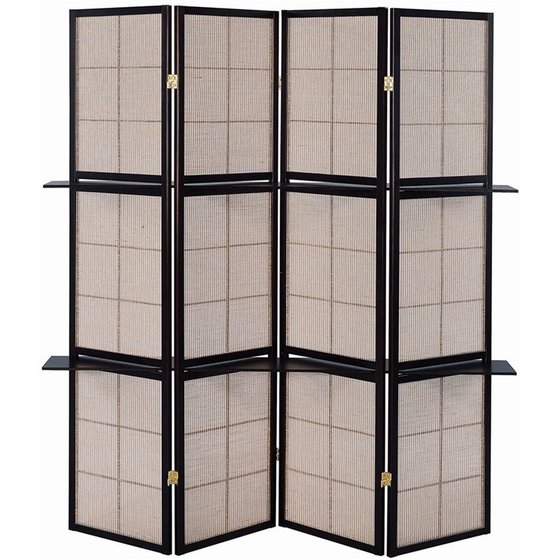 Bowery Hill 4 Panel 4 Shelf Room Divider in Tan and Cappuccino