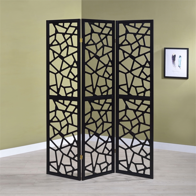 Bowery Hill 3 Panel Contemporary Wood Intricate Mosaic Room Divider in Black