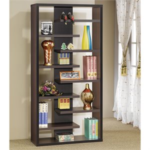 bowery hill 8 staggered shelf bookcase in cappuccino