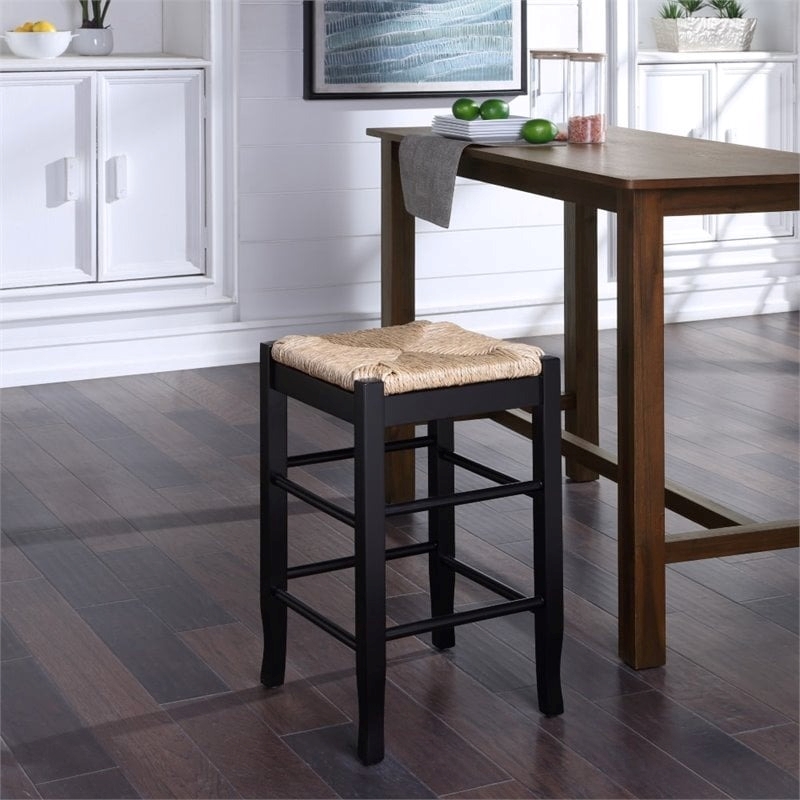 Bowery Hill Solid Hardwood Black Counter Stool Square Backless Hand-Woven Rush Seat 24.5