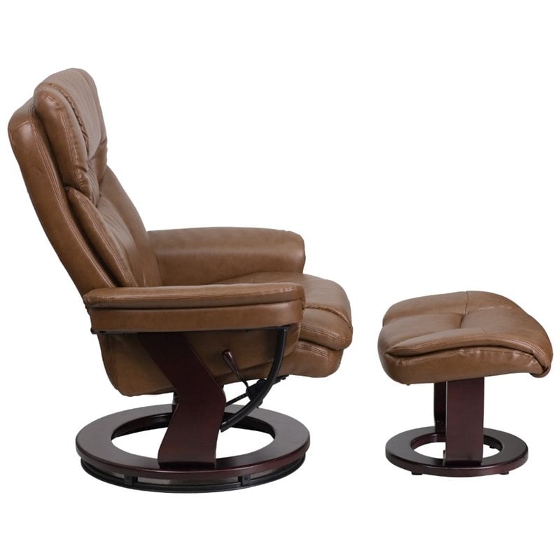 Bowery Hill LeatherSoft Integrated Headrest Recliner and Ottoman in Brown