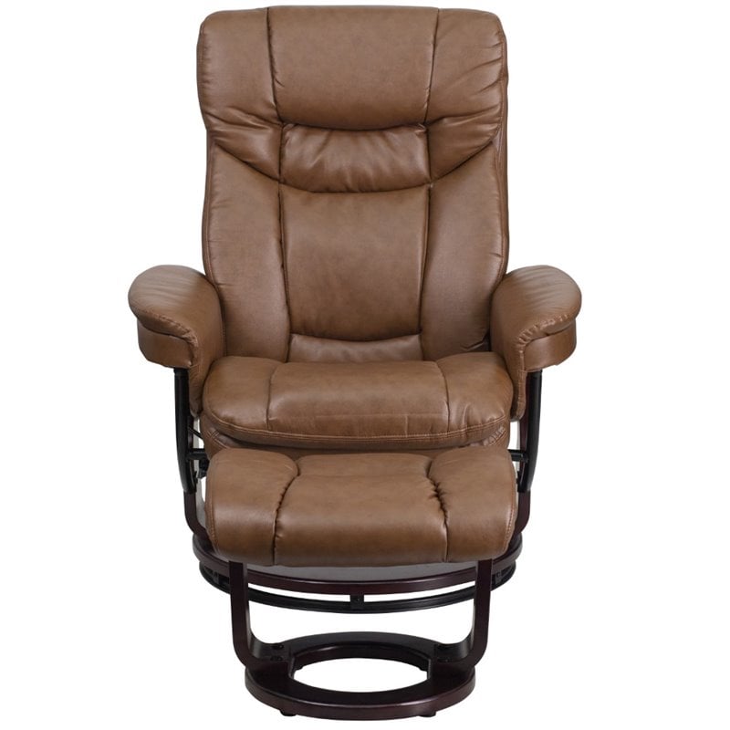Bowery Hill LeatherSoft Integrated Headrest Recliner and Ottoman in Brown