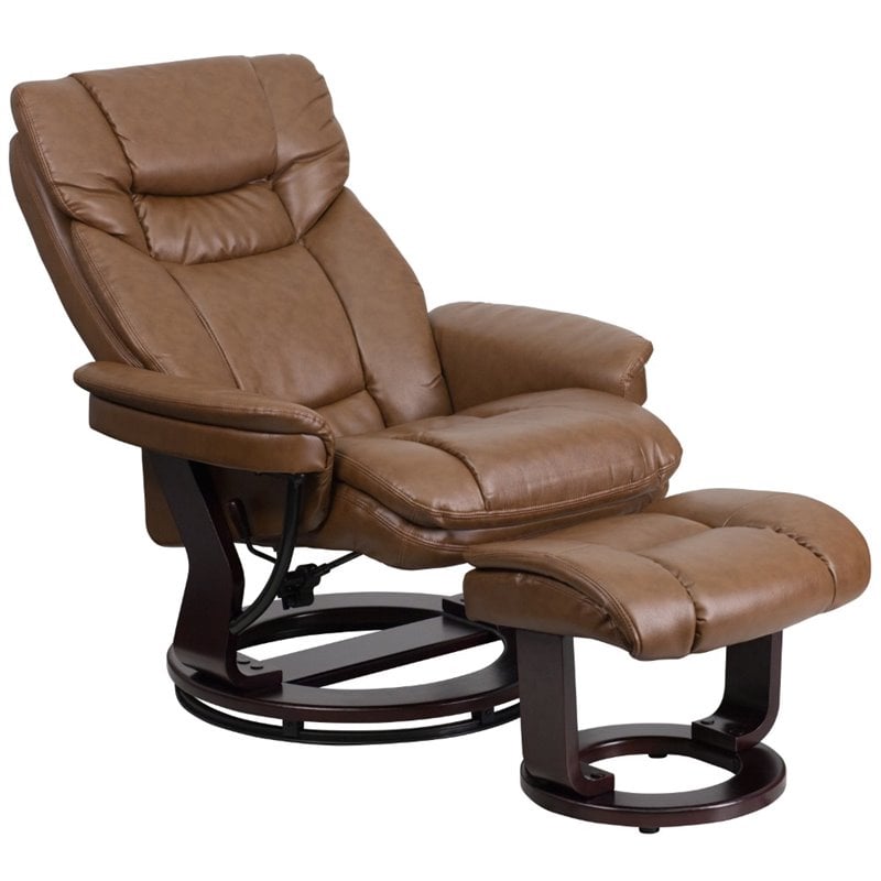 Bowery Hill LeatherSoft Integrated Headrest Recliner and Ottoman in Brown