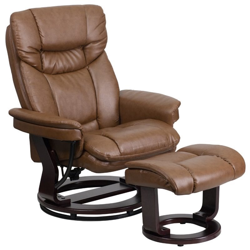 Bowery Hill LeatherSoft Integrated Headrest Recliner and Ottoman in Brown