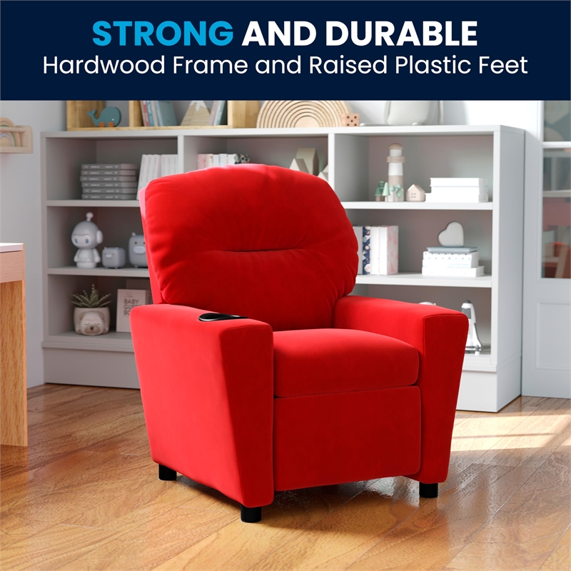 Bowery Hill Contemporary Microfiber Kids Recliner with Cup Holder in Red
