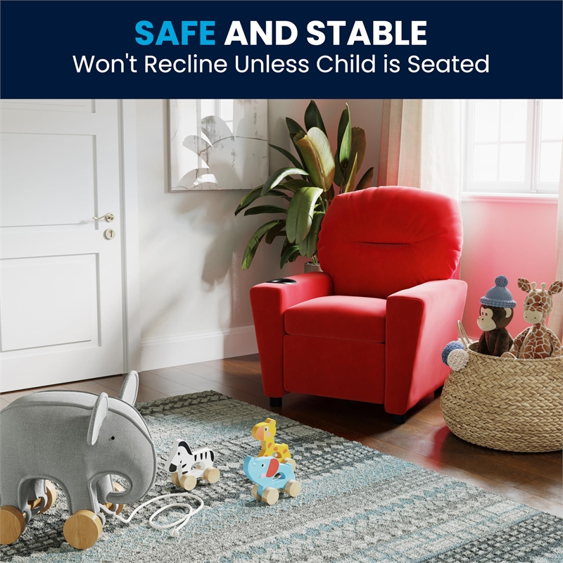 Bowery Hill Contemporary Microfiber Kids Recliner with Cup Holder in Red