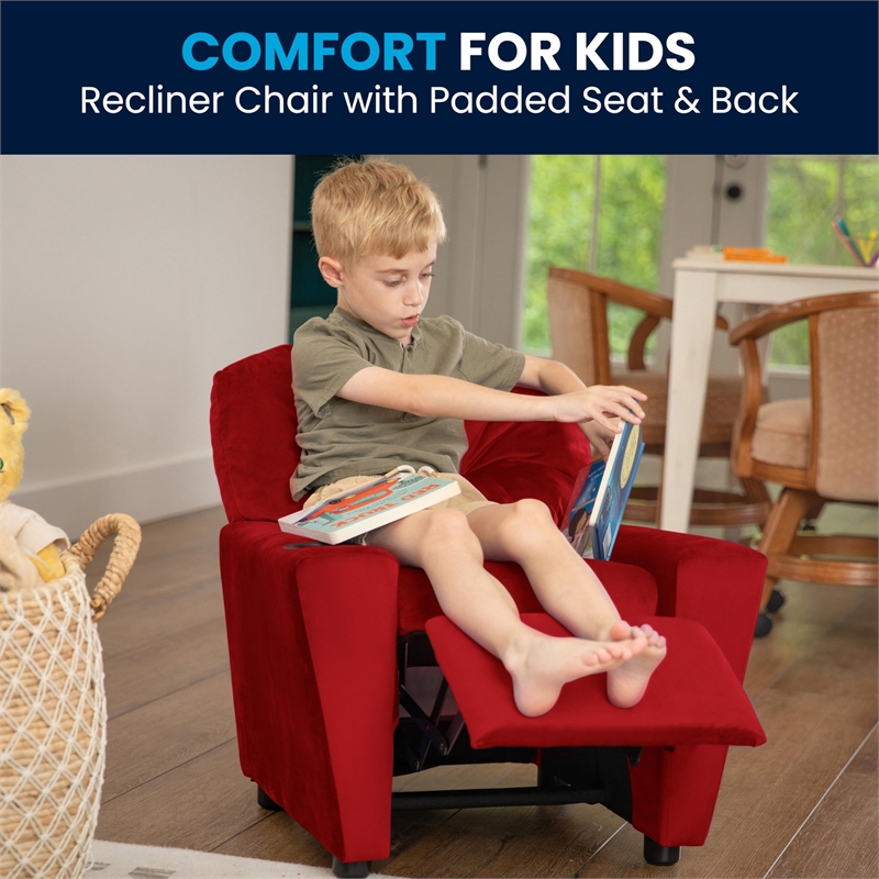 Bowery Hill Contemporary Microfiber Kids Recliner with Cup Holder in Red