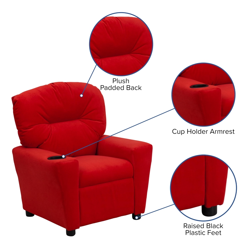 Bowery Hill Contemporary Microfiber Kids Recliner with Cup Holder in Red
