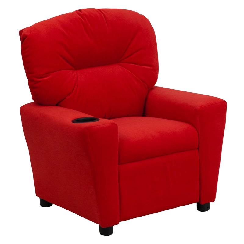 Bowery Hill Contemporary Microfiber Kids Recliner with Cup Holder in Red