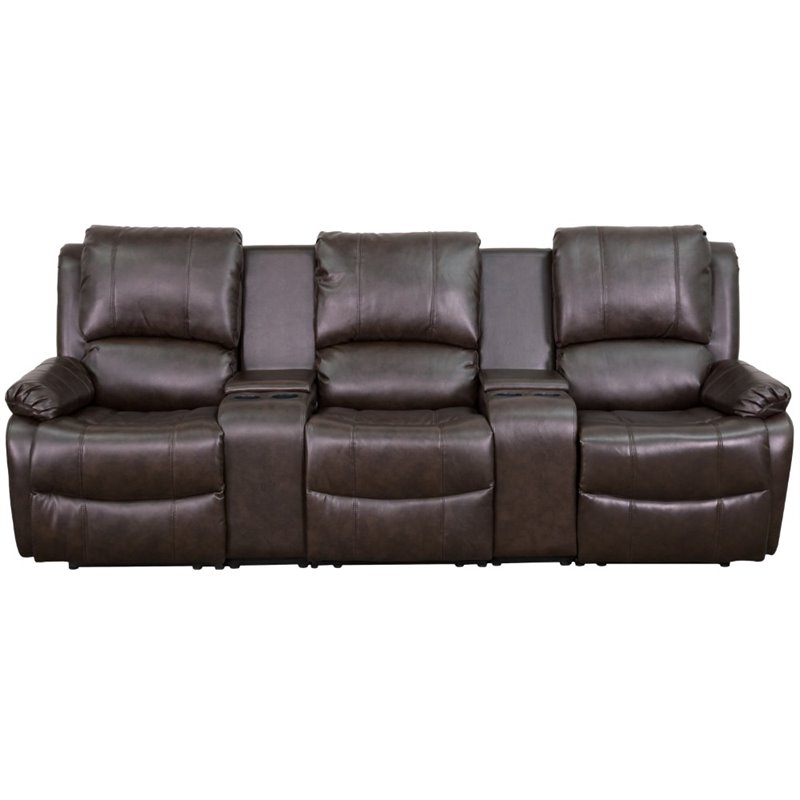 Bowery Hill 3 Seat Leather Reclining Home Theater Seating in Brown