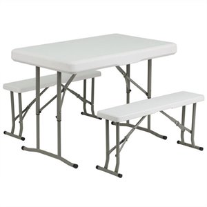 bowery hill plastic folding table and benches in white