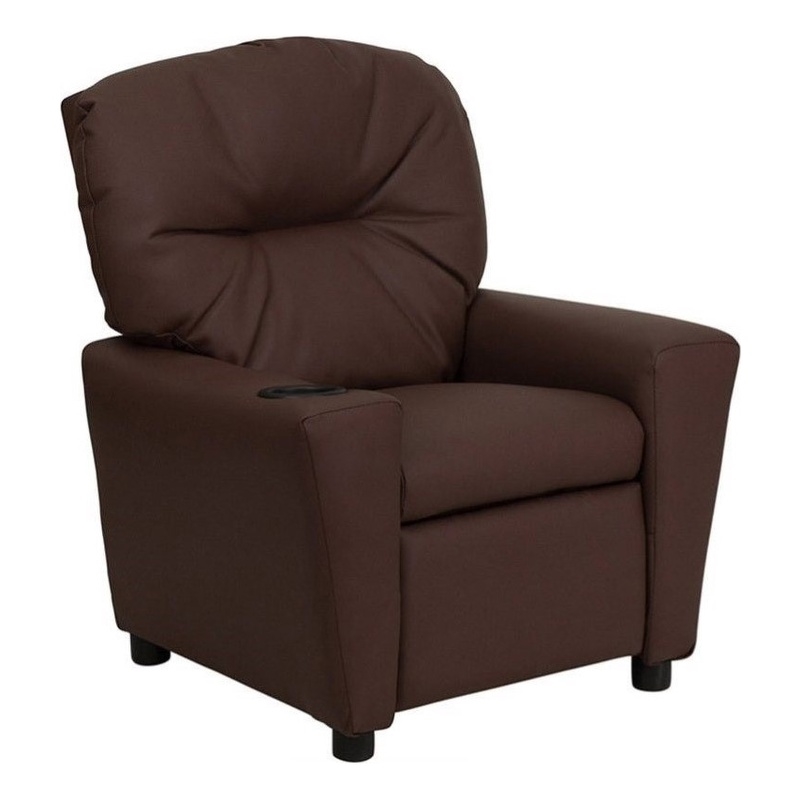 Bowery Hill Contemporary Leather Kids Recliner with Cup Holder in Brown