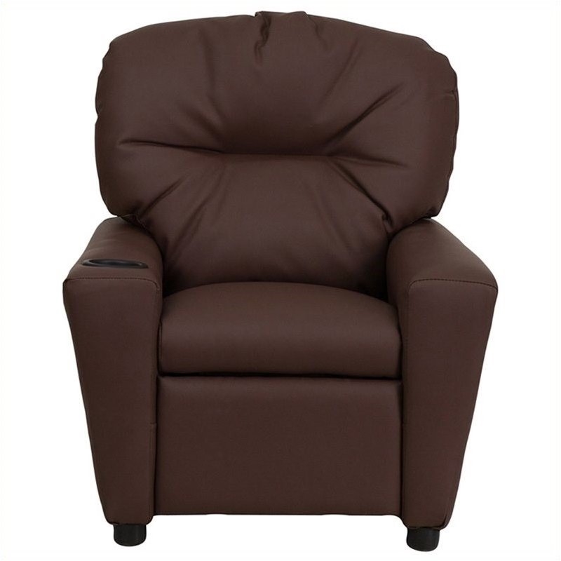 Bowery Hill Contemporary Leather Kids Recliner with Cup Holder in Brown