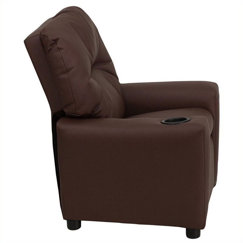 Bowery Hill Contemporary Leather Kids Recliner with Cup Holder in Brown