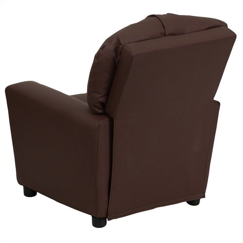 Bowery Hill Contemporary Leather Kids Recliner with Cup Holder in Brown