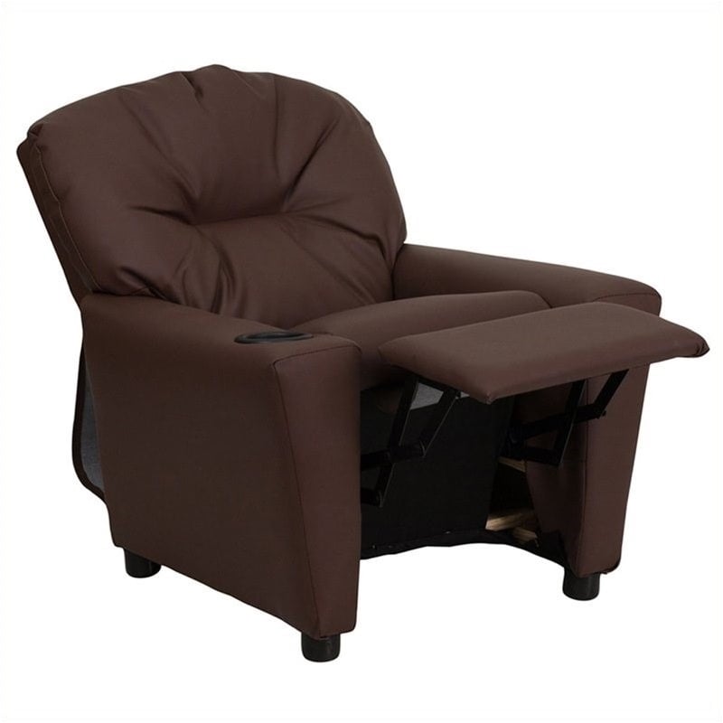 Bowery Hill Contemporary Leather Kids Recliner with Cup Holder in Brown