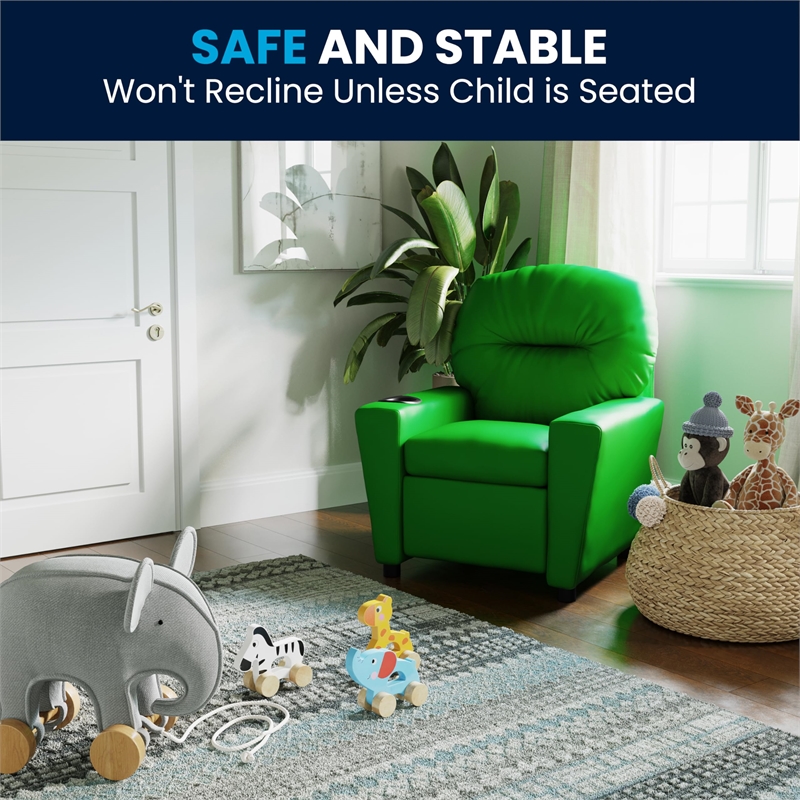 Bowery Hill Contemporary Vinyl Kids Recliner with Cup Holder in Green