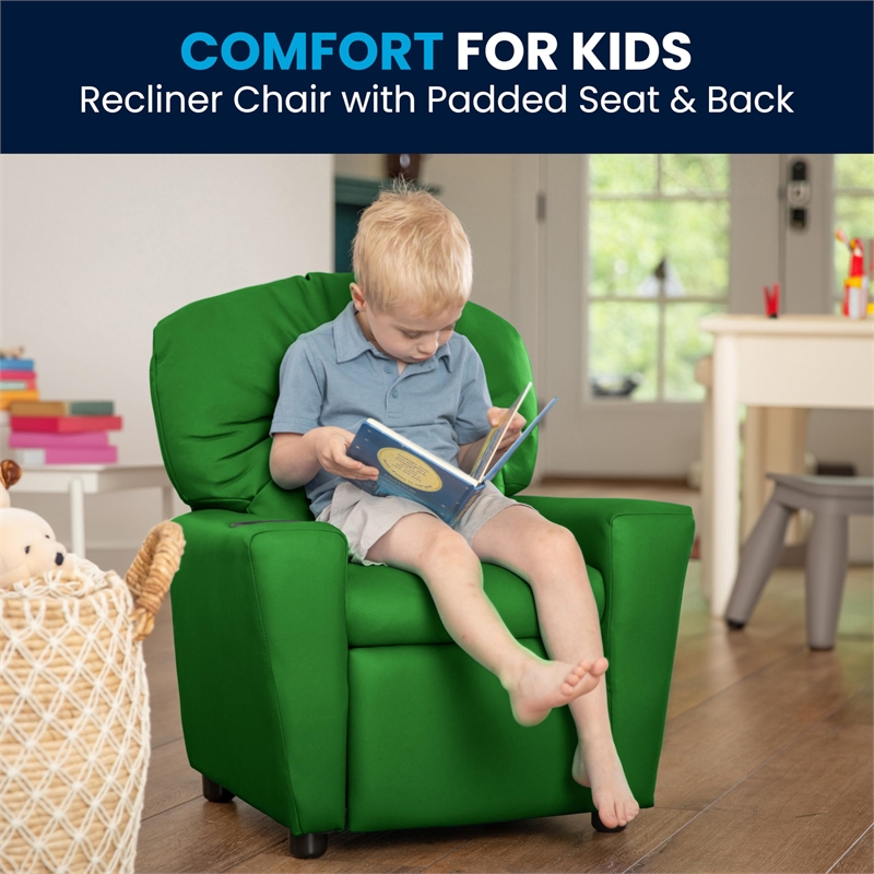 Bowery Hill Contemporary Vinyl Kids Recliner with Cup Holder in Green