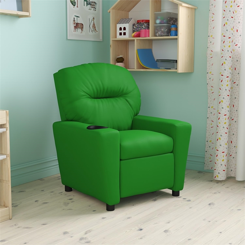 Bowery Hill Contemporary Vinyl Kids Recliner with Cup Holder in Green